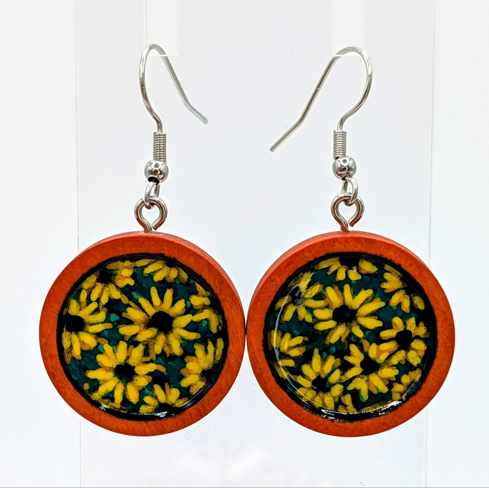 Black-eyed Susan Hand Painted Floral Wooden Earrings